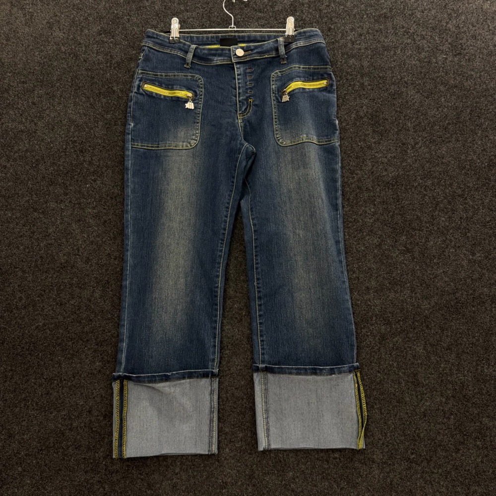 Mecca Femme Y2K Capri Jeans Dark Wash Lime Green Stitch Star Zipper Size 11/12